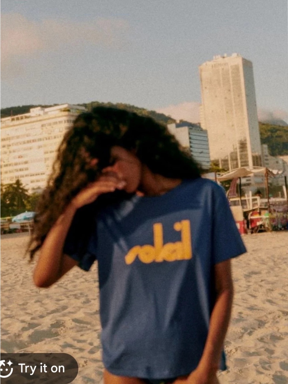 Sezane Blue Short-Sleeve Tee with Yellow Logo